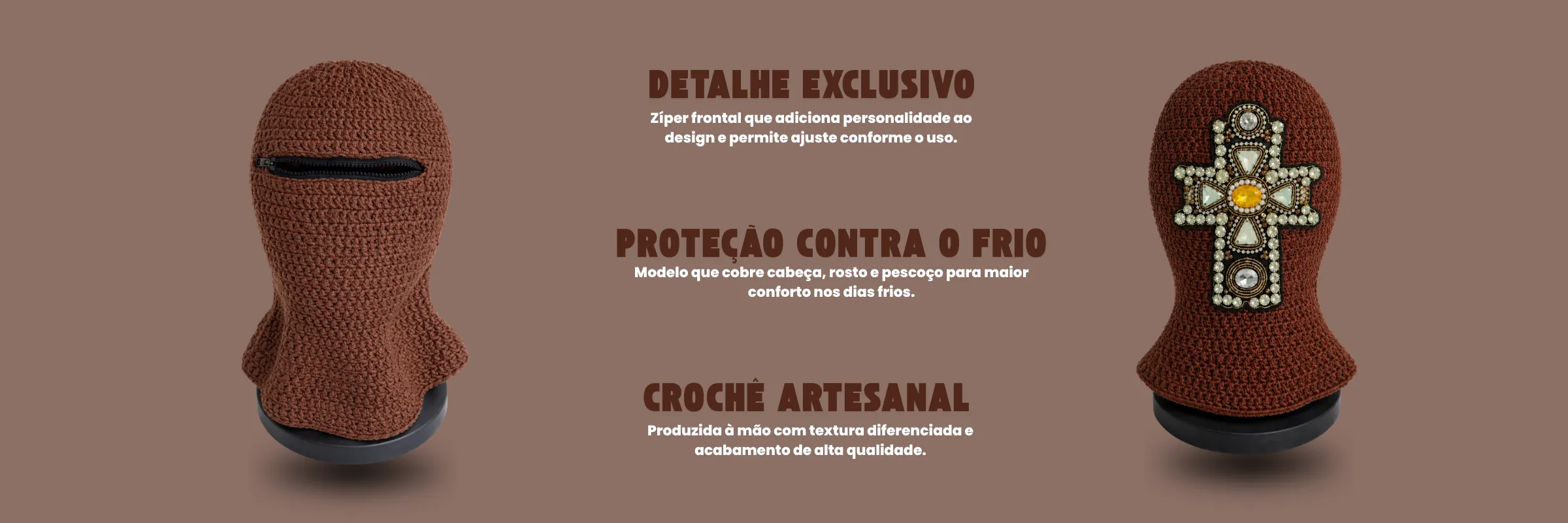 Balaclava marrom com zíper frontal e balaclava com cruz aplicada
