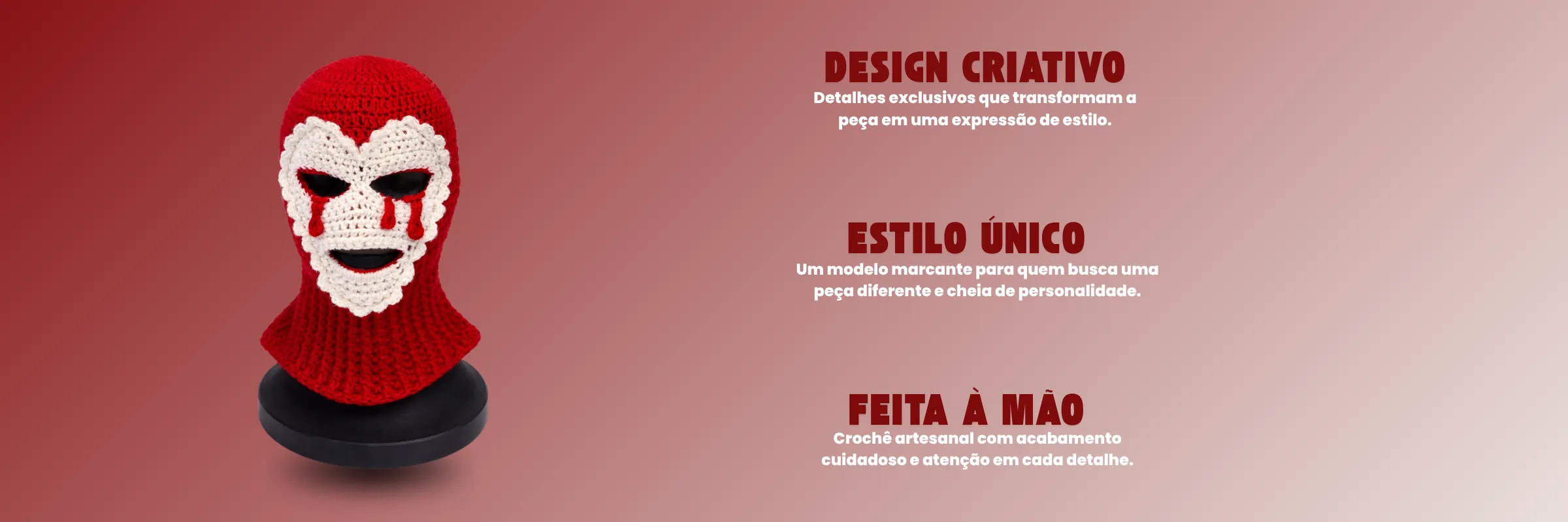 Balaclava vermelha com rosto em crochê branco